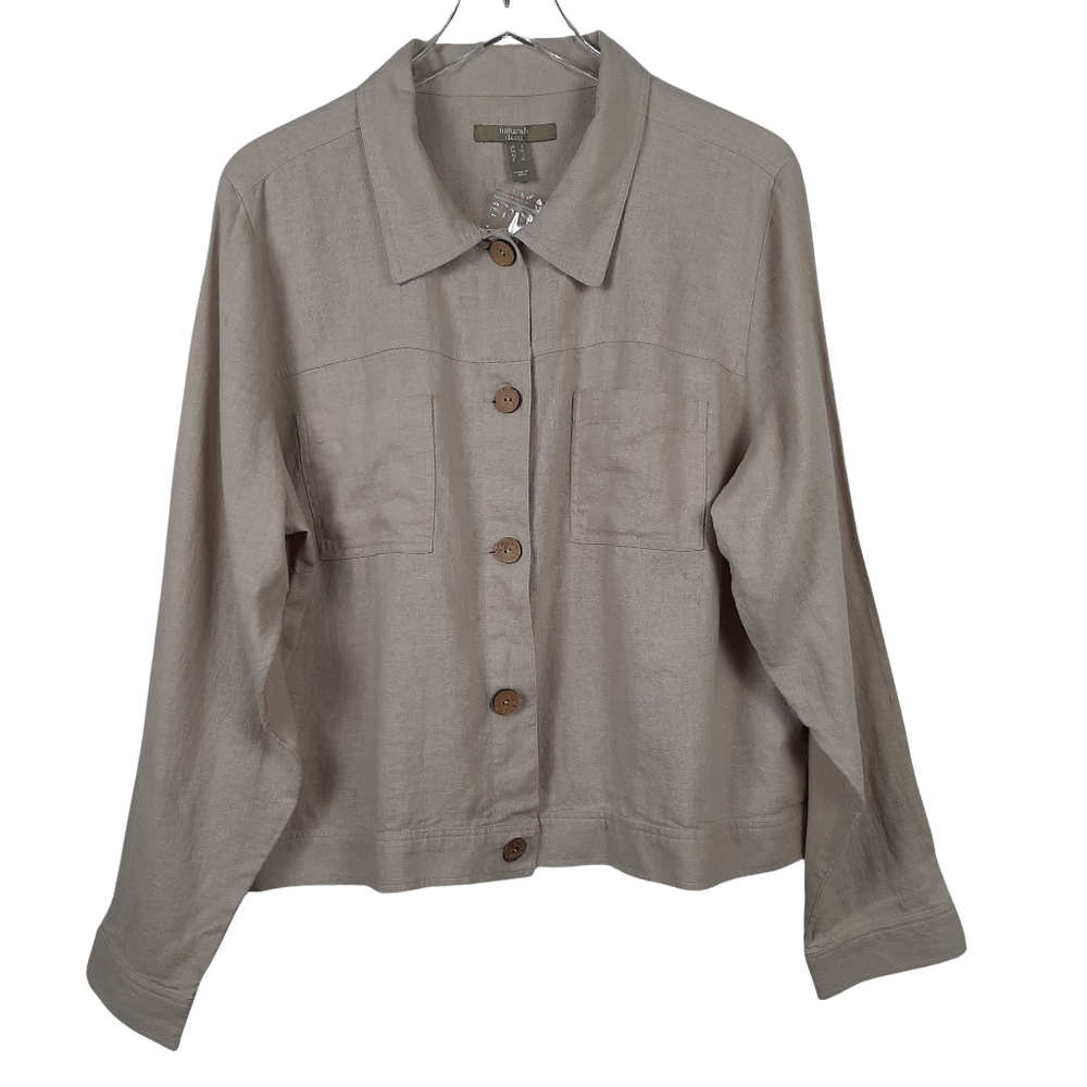 Tan Flax Linen Blend Long Sleeve Button Front Lightweight Shirt Jacket Size L